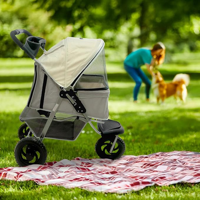 Critter Sitters 4-Wheel Dog Stroller for Medium or Large Sized Dogs & Cats with Scratch Resistant Breathable Mesh Windows and Safety Leash, Storage Basket, Cup Holders, Lockable Wheels, Light Grey