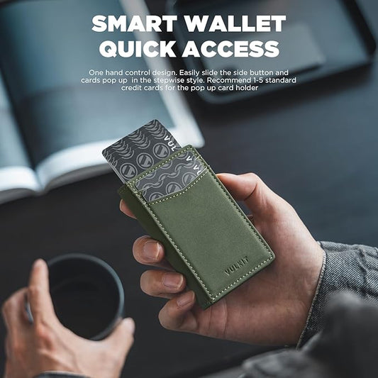 VULKIT Men's Wallet with ID Window Premium Leather Wallets RFID Blocking Minimalist Wallet Pop Up Card Holder Magnetic Closure