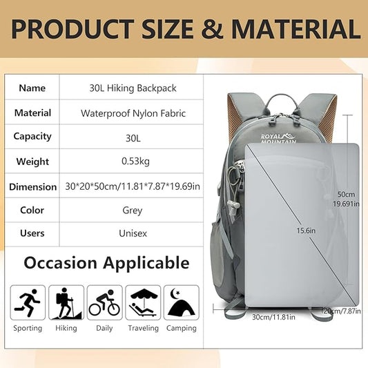 Hiking Backpack With Rain-cover, 30L Travel Backpacks For Women Men, Camping Daypack Backpacks Lightweight, Durable Hiking Backpack Fit For Camping, Daily Commuting, Short Trips (Grey)