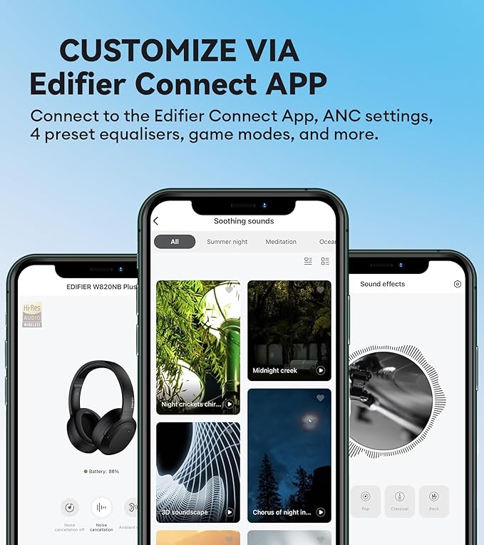 Edifier W820NB Plus Hybrid Active Noise Cancelling Headphones - LDAC Codec - Hi-Res Audio Wireless & Wired - Fast Charge - 49H Playtime - Over Ear Bluetooth V5.2 Headphones- Green