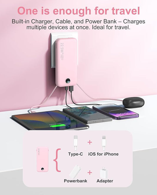 Portable Charger, 12000mAh 22.5W Fast Charging Power Bank with Built-in Cables & Wall Plug, External Battery Pack with LED Display, Travel Essentials Battery Bank for iPhone, iPad, Samsung Fairy Pink