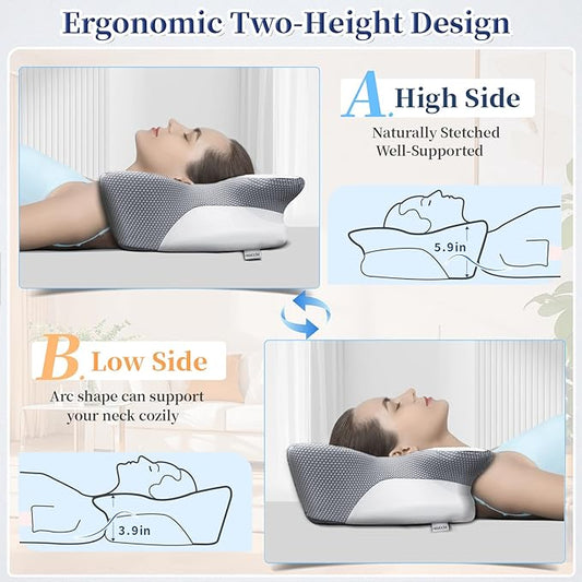 Cervical Pillow for Neck Pain Relief, Ergonomic Contour Side Sleeper Pillows for Adults, Cooling Memory Foam Pillows for Side Back & Stomach Sleepers as Ideal Gifts