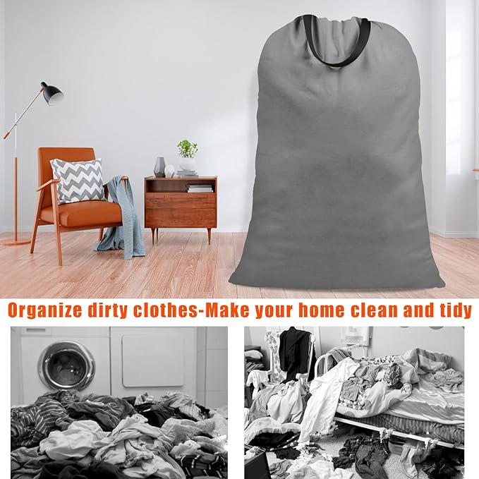 Cotton Canvas Laundry Bag with Handles & Drawstring Straps, Heavy Duty Extra Large Laundry Bags for Laundromat and Household, 25.5x34 Inch, Dark Grey