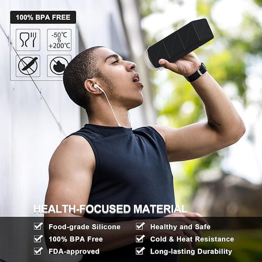 Collapsible Water Bottles 20.6oz 2 Pack, Silicone Foldable Portable Travel Water Bottle, BPA-Free Reusable Leakproof for Travel Camping Hiking Cycling Yoga Sports Outdoor (Black+Blue)