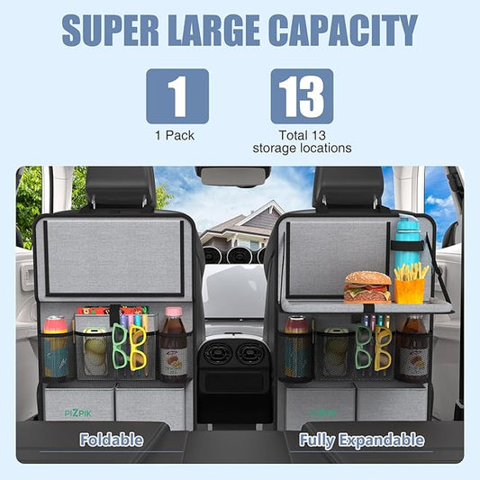 Car Backseat Organizer with Tablet Holder,11 Storage Pockets with Foldable Food Tray, Protector Kick Mats for Kids, Travel Accessories Organizer (Gray, 1Pack with Food Tray)