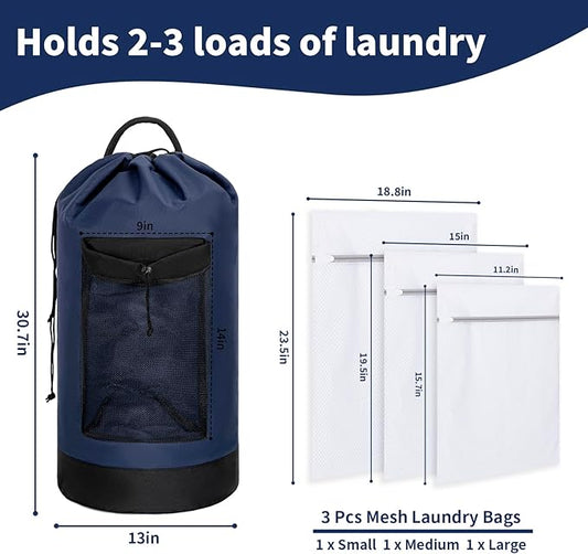 Laundry Bag Backpack with 3 Sizes Mesh Wash Bags and Shoulder Straps Foldable Clothes Hamper Bag with Drawstring Closure for College, Apartment, Laundromat (Dark Blue)