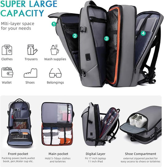 Carry on Backpack Airline Approved for Men, Travel 50L Expandable backpack Luggage Fits 17.3 Inch Laptop with USB Charging Port(grey)