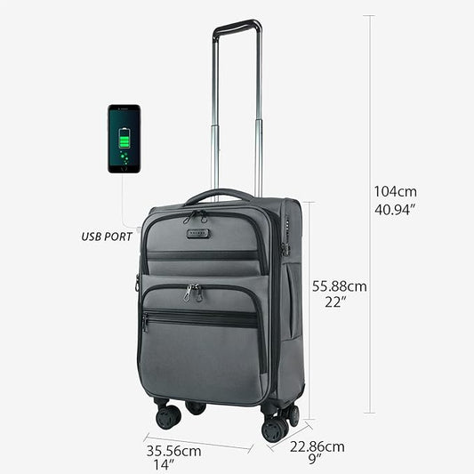 KROSER Softside Expandable Carry On Luggage with Front Business Pockets,20 Inch Suitcases with Spinner Wheels & Built-in TSA Lock, Durable Suitcase Rolling Luggage with USB Port, Grey