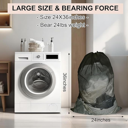 10-Pack Mesh Laundry Bags, 24 × 36 Inch Heavy-Duty Drawstring Mesh Bag Set (5 Black & 5 White) – Large Wash Bags for College, Dorm, Travel, Family & Apartment Use