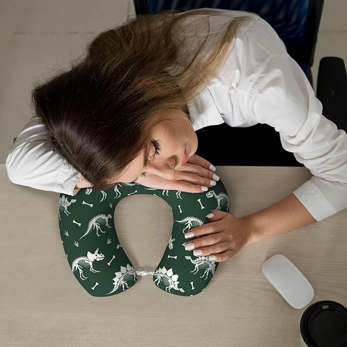 Travel Pillow Chin Neck Support, Comfortable Airplane Car Pillows for Rest, Memory Foam U Shaped Office Home Nap Sleeping Cushion Grunge Dinosaur Skeleton