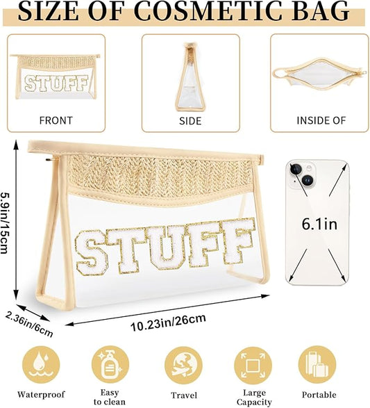 Small Boho Straw Clear Stuff Makeup Bags for Women&Girls, Zipper Cosmetic Bag Chenille Varsity Letter Patch Bag, Preppy Cute Toiletry Pouch, Trendy Organizer Storage Bag for Beach Travel Essentials