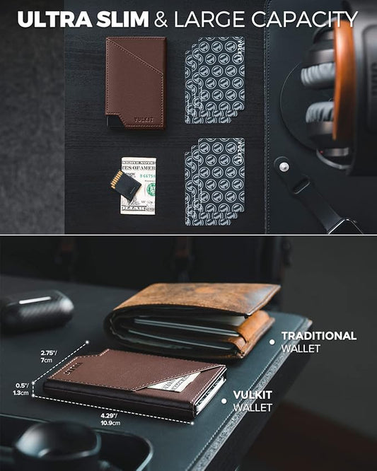 VULKIT Pop up Card Wallet RFID Blocking Slim Aluminum Metal Bank Card Holder Case with Business Money Pocket for Credit Cards Notes and Coins (Espresso)