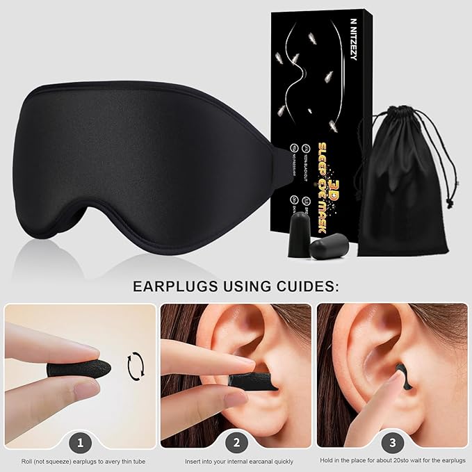 3D Sleep Mask with Earplugs, 100% Light Blackout Eye Mask for Sleep, Washable Sleeping Mask, 0 Pressure Eye Covers for Sleep with Wider Adjustable Strap, Only 1.3oz Light Soft Sleeping Mask (Black)