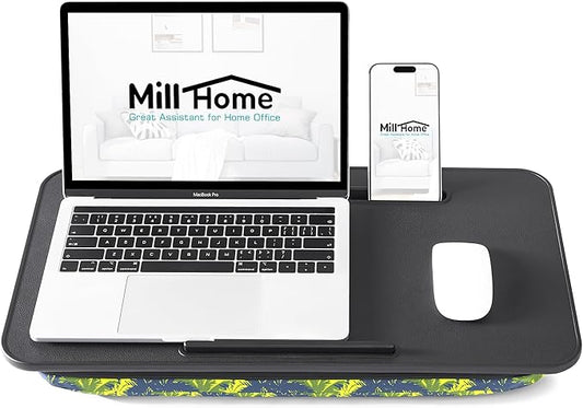 Millhome Lap Desk | Portable Laptop Desk – Fits Up to 17.3" Laptops – Detachable & Washable Cushion, Phone Holder, Device Ledge – for Writing, Working, Reading on Bed, Couch, Sofa, Floor – Green Palm