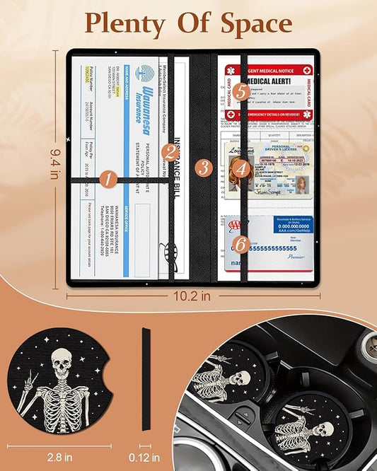 Slohif Car Registration and Insurance Holder - Skeleton Vehicle Glove Box Organizer Women with Magnetic Shut Leather Automobile License Holders Coasters Auto Accessories Case for Document