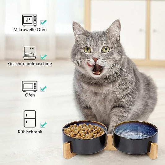 SPUNKYJUNKY Ceramic Dog and Cat Bowl Set with Wooden Stand, Modern Cute Weighted Food Water Set for Small Size Dogs (13.5OZ) & Medium Sized Dogs (28.7OZ) & Cats (1.7 Cups, 2 × Starry Blue)
