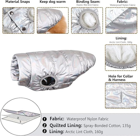 ASENKU Dog Winter Coat - Waterproof Windproof Dog Jacket, Warm Snowproof Doggie Puffer Vest for Cold Weather, Lightweight Snow Coats for Small Medium Large Dogs (Silver, L)