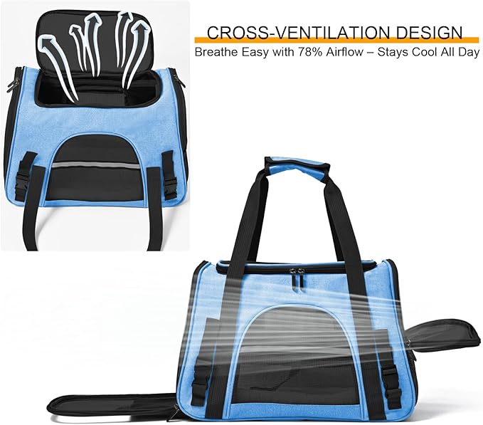 Dog Cat Carrier Soft for Small Pet Up to 16 Lbs TSA Airline Approved Travel Carrier Collapsible Puppy Car Mesh Bag 17.5 * 10.2 * 11.4 inch - Blue