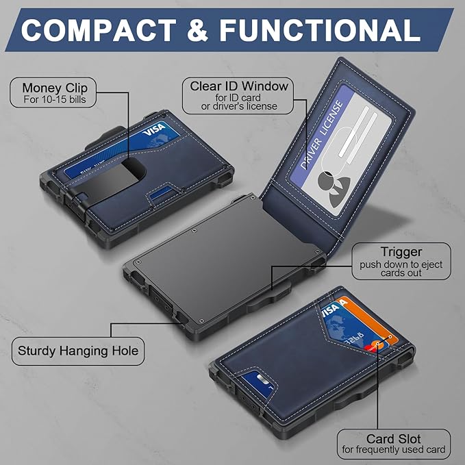 Wallet for Men, Minimalist Slim Mens Wallet with Money Clip, RFID Blocking Smart Pop Up Card Wallet with ID Window, Compact Bifold Wallet,Metal Aluminum Credit Card Holder