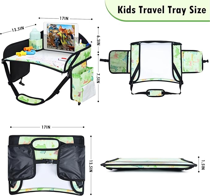 WENRENER Kids Travel Tray, 3PCS Car Seat Tray for kids Travel, Toddler Road Trip Essentials With Drawing Kit, Toddler Lap Desk Organizer for Car, Carseat Table for Airplane