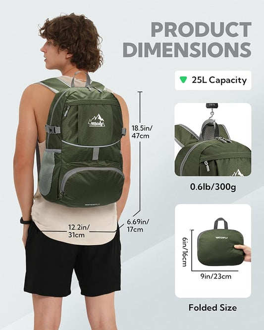 WATERFLY Hiking Packable Daypack Backpack: 25L Ultra Lightweight Day Pack for Woman Man - Small Compact Folding Back Pack for Outdoor Sport Cycling Camping Travel Trip - Green