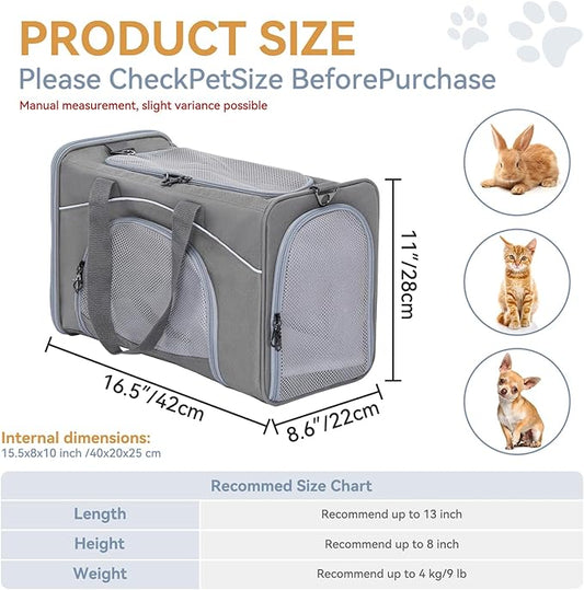 Petsfit Airline Approved Pet Carrier for Small Cats, 16.5x8.6x11 TSA Approved Carrier, with Removable Dual-Sided Padding (2-Way Placement) - Fits Under Most Airplane Seats, Escape Proof (Grey)