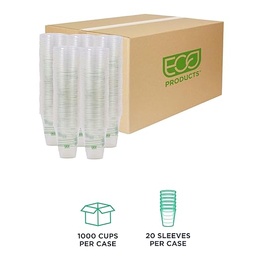ECO PRODUCTS GreenStripe Clear Compostable 12oz PLA Plastic Cups, Case of 1000, Disposable Renewable Plant-Based Cold Cups, For Cold Drinks & Snacks, BPI Certified, ASTM Compliant.