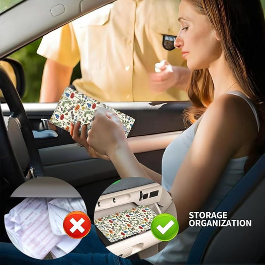 Leather Car Registration and Insurance Card Holder, Cute Car Accessories Vehicle Glove Box Car Organizer for Documents, Cards, License Cute Dragonfly Flowers