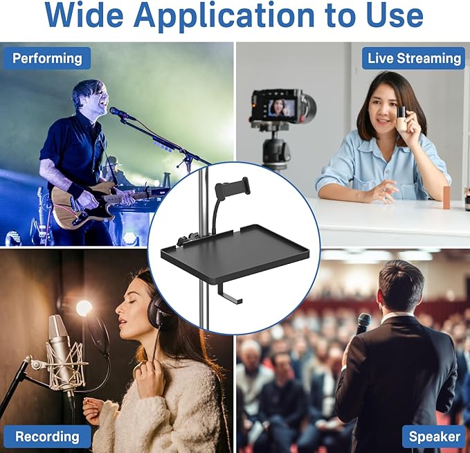 Functional Microphone Stand Tray with Adjustable Mic Stand Phone Holder - 8.7"x6.5" Mic Stand Tray Shelf Clamp-On Music Stand Accessory for Live Streaming Karaoke Recording