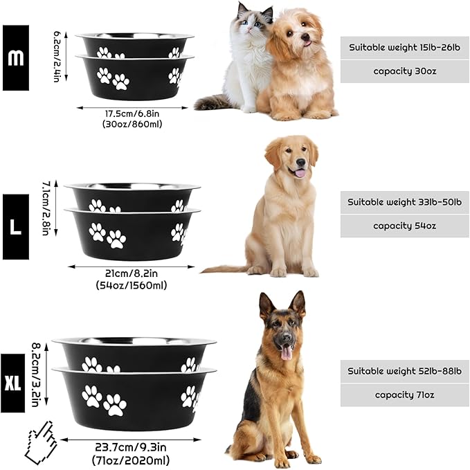 YUDANSI Dog Bowls 2 Pack Small Medium Dogs Feeding Food Water Bowl with Non-Slip Silicone Sole, Stainless Steel Dog Dishes Elevated Raised Pet Feeder (Black, XL(8.5 Cups)