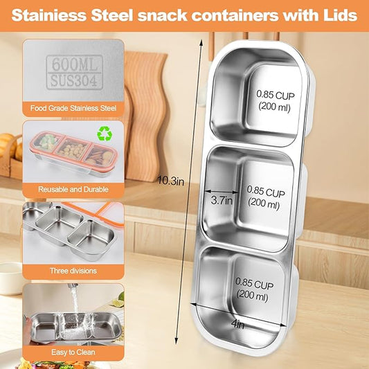 zenjarigily Stainless Steel Snack Containers with Lids, 3 Compartment Leakproof Reusable Snack Box for Nuts, Fruits- Divided Grab & Go Container for School, Office, Travel