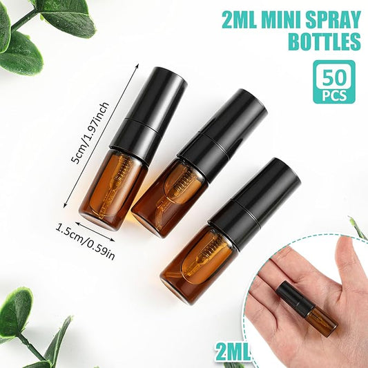 Zhehao 50 Pcs Mini Spray Bottles 2 ml Clear Glass Perfume Bottles Refillable Fine Mist Perfume Atomizer Portable Empty Sample Containers for Cleaning, Essential Oils, Travel (Amber)