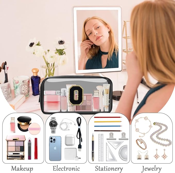 Personalized Initial Letter Clear Makeup Bag,Preppy Small Nylon&PVC Cosmetic Zipper Bag with Chenille Letter,Travel Skincare Toiletry Bag,Monogram Christmas Gift for Teen Girls Women,O