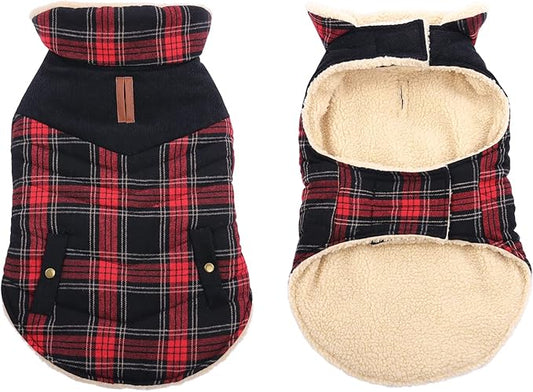 Winter Coat for Small and Medium Dogs, Puppy Plaid Jacket, Cotton Coat for Cold Weather, Windproof Warm Dog Garments, Pet Thickened Outfits Indoor Outdoor, Red L