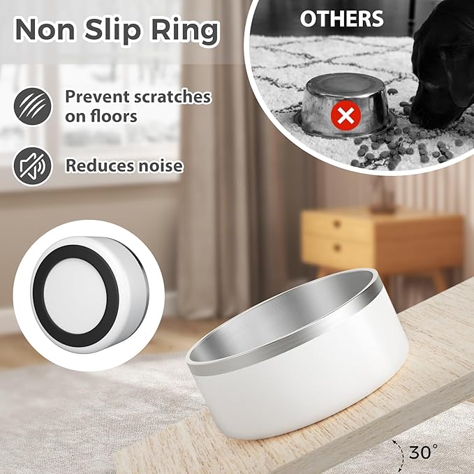 Stainless Steel Dog Bowl, Metal Water and Food Dish for Large Dogs, Insulated Non-Slip Pet Bowl, Easy Clean, 40oz, White