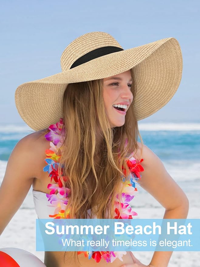 Senker Fashion Sun Hats for Women Oversize Wide Brim Straw Beach Hat Floppy Foldable Roll-Up Summer Vacation UPF 50+