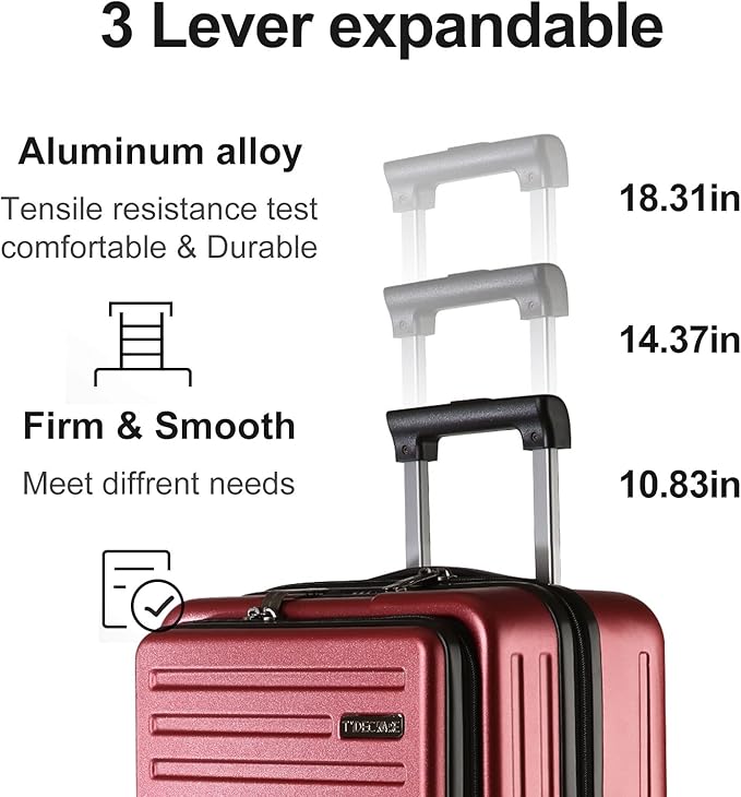 TydeCkare 20 Inch Carry On Luggage with Front Pocket, 21.65 * 15.35 * 7.87" Suitable for Airplane Overhead Bin, 34L PC+ABS Hardshell, Wine Red