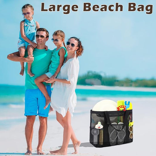 Mesh Beach Bag, Large Beach Tote with Zipper Pocket for Family Pool Bag for Toys & Vacation Essentials