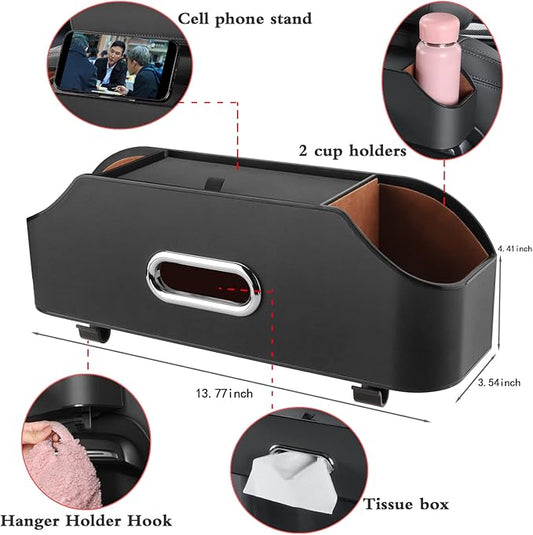 HOLDCY Car Back Seat Organizer with 2 Drink Cup Holder - Tissue Box and Storage Box Hook - Multi-functional Storage - Great for Kids and Travel (Black)