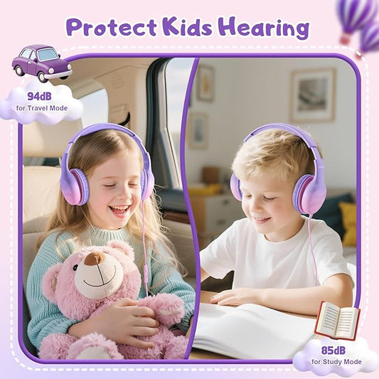 USB Type C Kids Headphones, Wired Headphones for Kids with Microphone 85/94dB Volume Limit, Stereo Sound Portable Over Ear Headphones for School/Travel/Tablet/iPad, Violet Pink