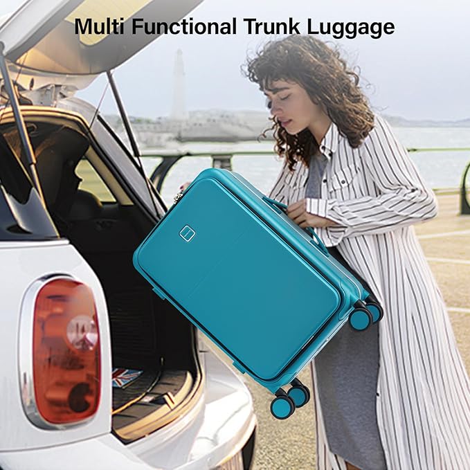 Hanke 24 Inch Luggage with Cup Holder and Charge,Top Opening Hard Shell Suitcases with Wheels and Dividers,Aluminum Frame Trunk Luggage Medium Checked Suitcase with Lock for Travel,Caribbean Blue