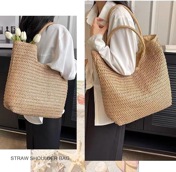 Straw Beach Bags for Women Woven Beach Tote Bag Casual Boho Large Shoulder Handbags Purse for Vacation Holiday