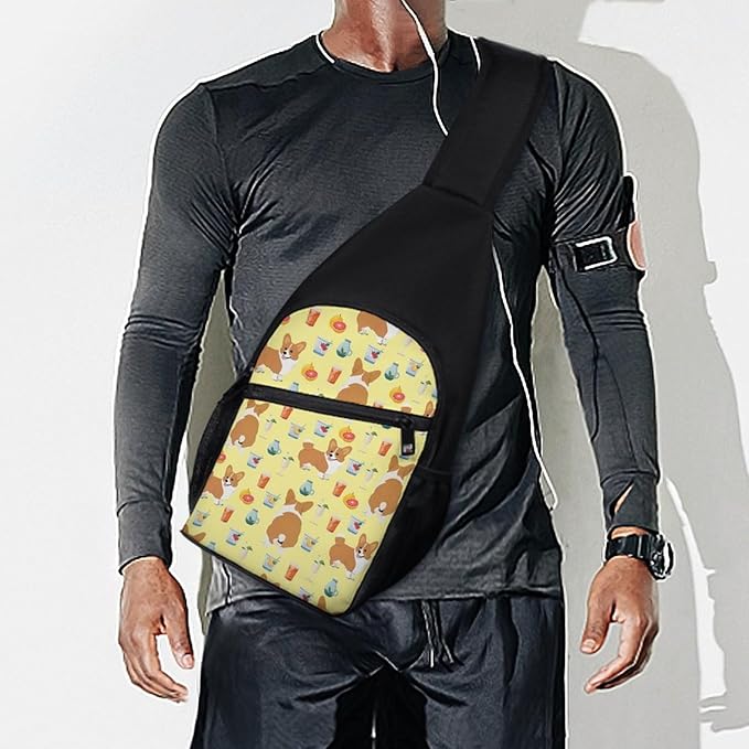 SWEET TANG Polyester Shoulder Sling Bag Multipurpose Casual Sport Daypack Unbalance Backpack with Small Pocket and Smooth Zipper, Shiba Inu Yellow Print Dog And Beverage