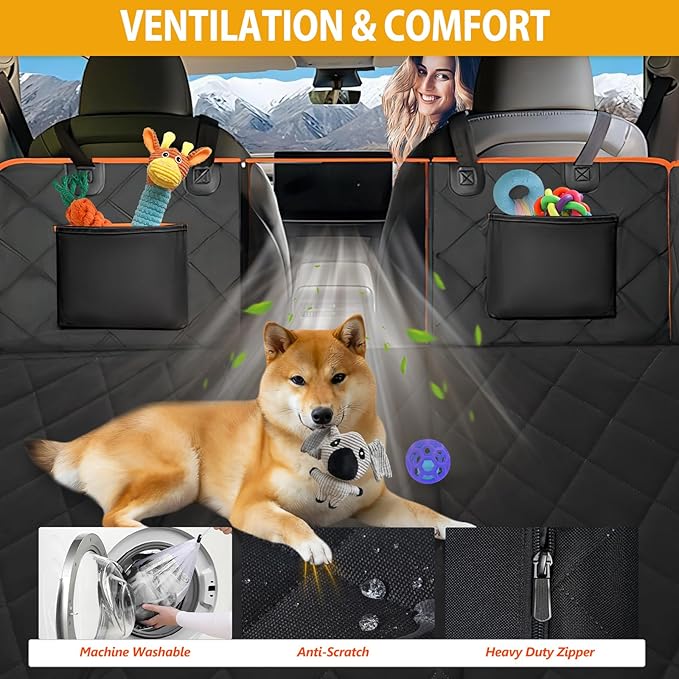 Back Seat Extender for Dogs - Holds 420lb, Hard Bottom Dog Bed Back Seat Cover, Pet Car Seat Cover Backseat Extender,Upgraded Material Waterproof Dog Hammock for Car,SUV, Truck, Black/Orange