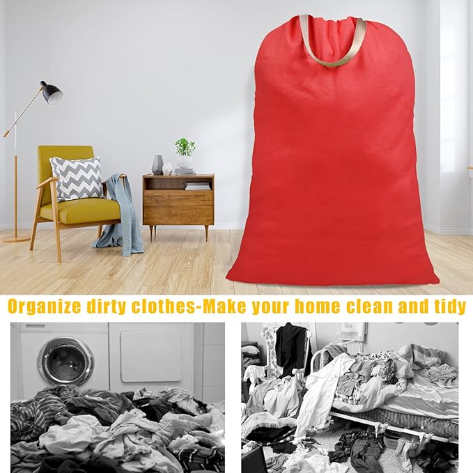 Cotton Canvas Laundry Bag with Handles & Drawstring Straps, Heavy Duty Extra Large Laundry Bags for Laundromat and Household, 25.5x34 Inch, Red