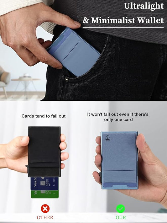 Slim Wallet for Men and Women,Pop Up Credit Card Wallet Metal Minimalist Cards Holder with Money Pocket,Small Ultralight Aluminum RFID Blocking Wallets 6-12 Card Capacity,Navy Blue