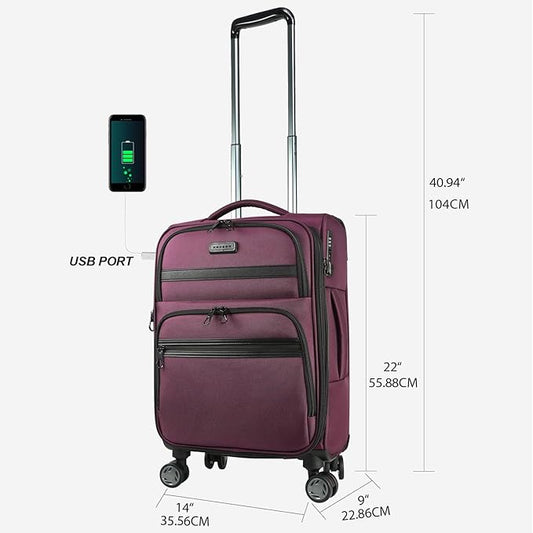 KROSER Softside Expandable Carry On Luggage with Front Business Pockets,20 Inch Suitcases with Spinner Wheels & Built-in TSA Lock, Durable Suitcase Rolling Luggage with USB Port, Burgundy