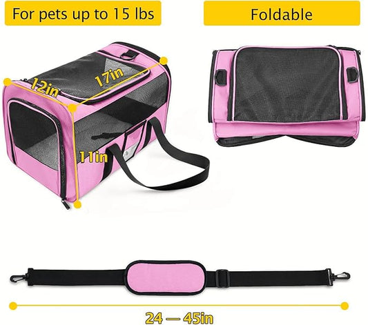 Refrze Pet Carrier Airline Approved, Cat Carriers for Medium Small Cats, Soft Dog Carriers for Dogs, TSA Approved Pet Carrier for Cats Dogs of 15 Lbs, Puppy Carrier,Pink