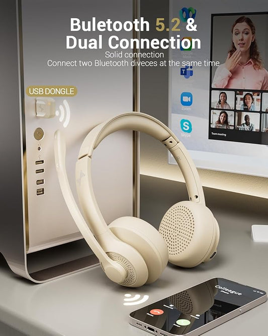 Wireless Headset with AI Noise Cancelling Microphone Bluetooth Headset - Bluetooth V5.2 Headphones with USB Dongle & Mic Mute for Computer/Laptop/PC/iPhone/Android/Cell Phones/Zoom-Apricot