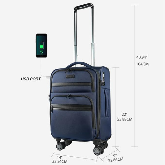 KROSER Softside Expandable Carry On Luggage with Front Business Pockets,20 Inch Suitcases with Spinner Wheels & Built-in TSA Lock, Durable Suitcase Rolling Luggage with USB Port, Navy